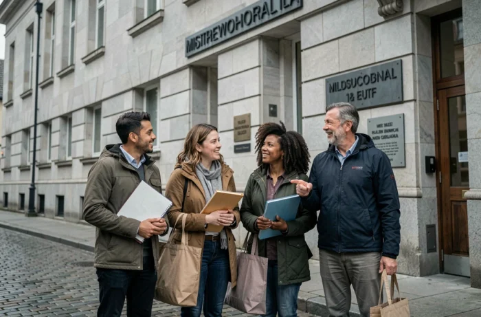Groupe de personnes accompagnant des migrants sans papiers devant un bâtiment administratif français