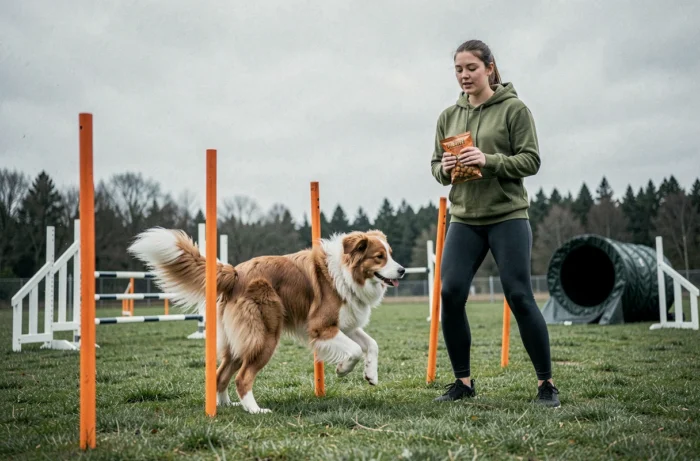Jeune femme supervisant son berger australien sur un parcours d'agility avec des poteaux orange, illustrant la pratique sportive et l'éducation canine avancée