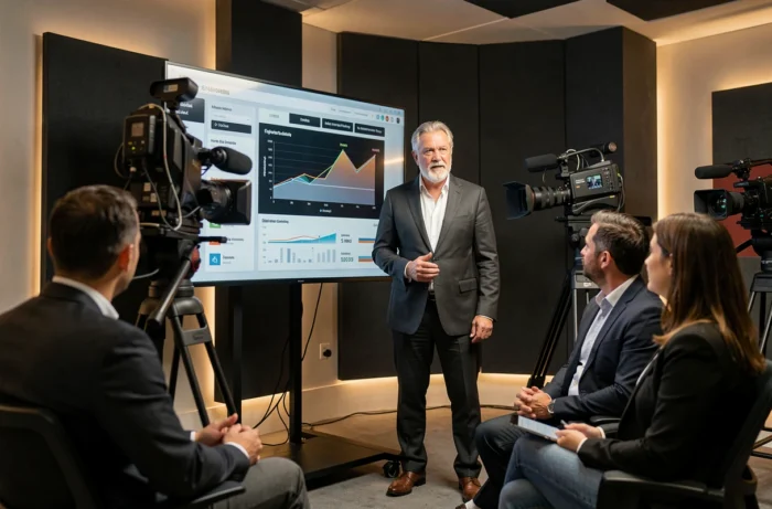 Analyste médias présentant les dernières tendances de l'audience télévisuelle dans un studio de diffusion français