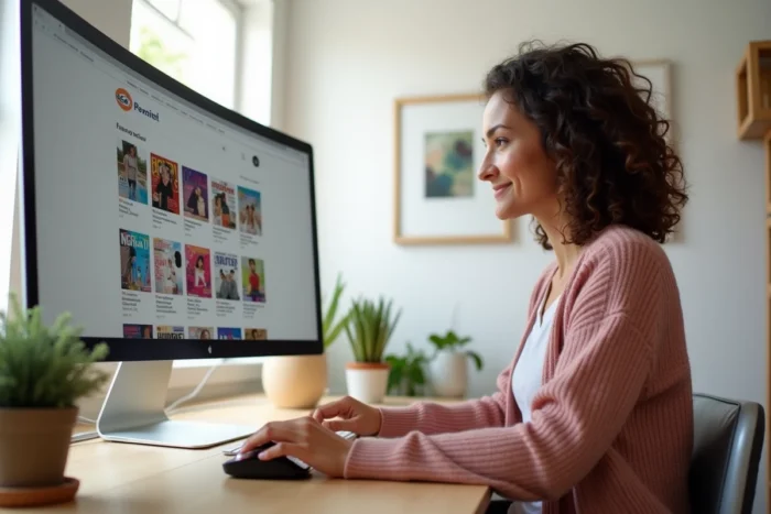 Une femme parcourant le catalogue interactif de magazines en ligne sur AnyFlip depuis son bureau à domicile