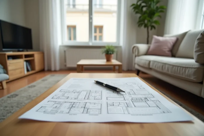 Appartement meublé LMNP avec documents d'amortissement et bail locatif posés sur une table basse
