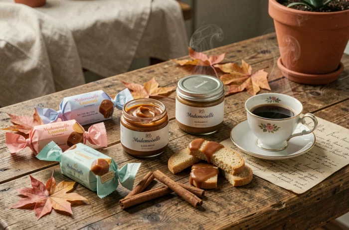 Assortiment de produits gourmands caramel artisanal avec bonbons, confiture et sablés sur table en bois rustique