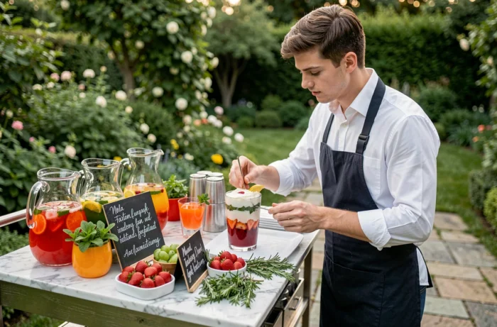 Bar à mixologie sans alcool lors d'un vin d'honneur de mariage avec boissons colorées, herbes fraîches et ardoise artisanale