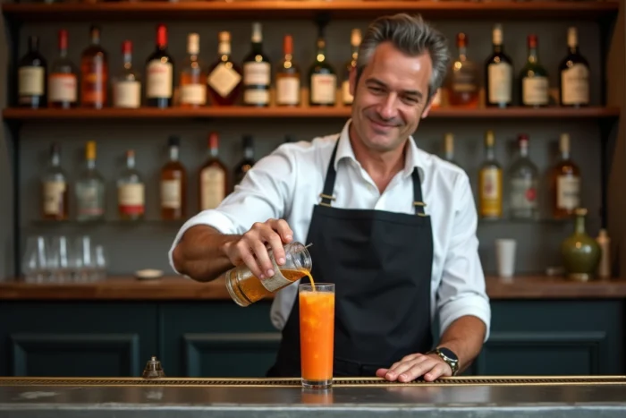Barman préparant un Ricard tomate derrière un comptoir de bar en zinc à la française