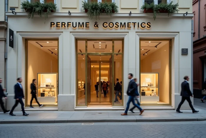 Devanture d'une boutique de parfumerie et cosmétiques haut de gamme dans une rue commerçante européenne