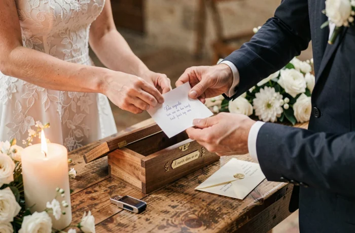 Les mariés déposent des messages dans une capsule temporelle sonore en bois à ouvrir dans un an lors de leur mariage