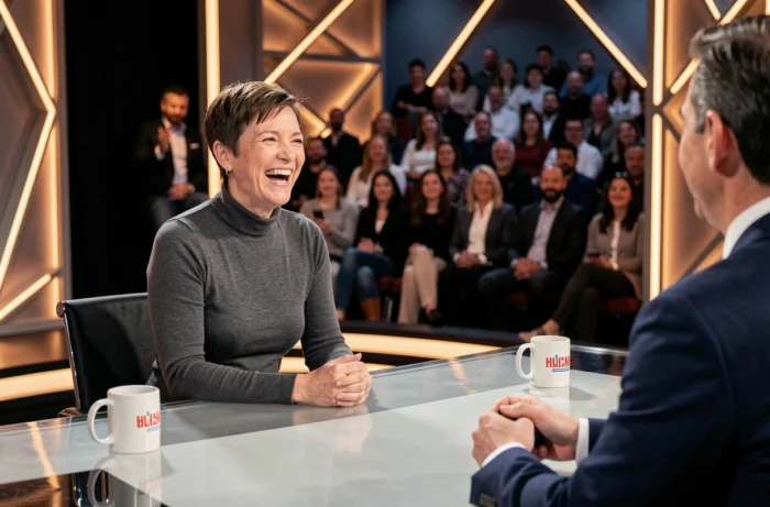 Célébrité hilare sur le plateau d'un talk-show télévisé évoquant une scène humoristique sur son apparence physique