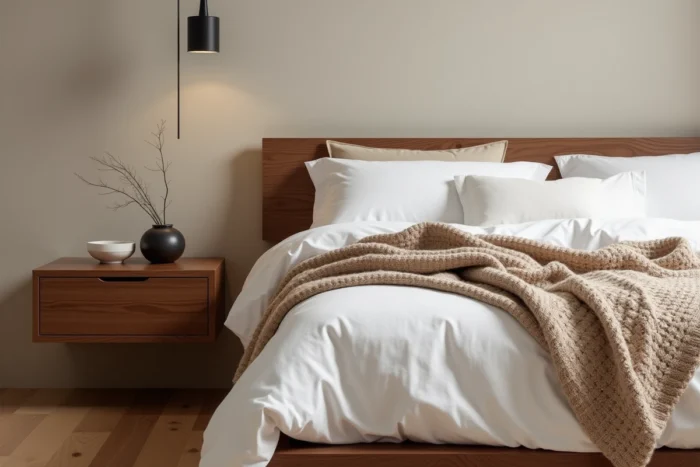 Chambre contemporaine style japandi avec lit en noyer, linge de lit en percale blanche et mur en badigeon chaux grège