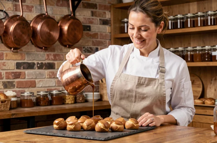 Cheffe pâtissière versant du caramel artisanal sur des choux dorés dans une cuisine de boulangerie française