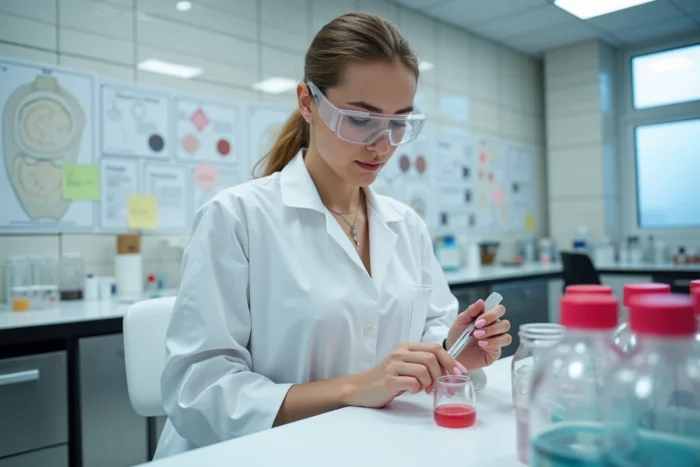 Chercheuse en cosmétique analysant un échantillon de rouge à lèvres en laboratoire scientifique moderne