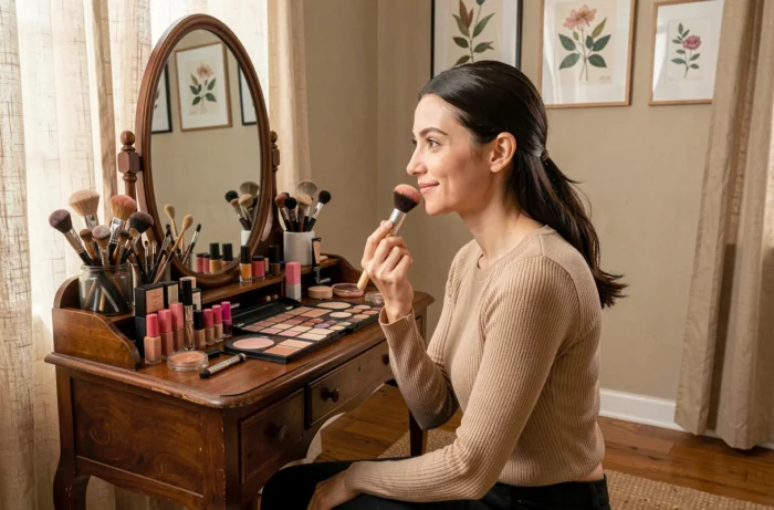 Femme souriante devant une coiffeuse en bois vintage entourée de pinceaux de maquillage et de produits cosmétiques variés