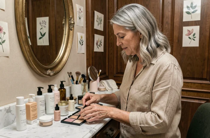 Femme mature organisant sa collection de soins et maquillage sur une coiffeuse en marbre, tendances beauté