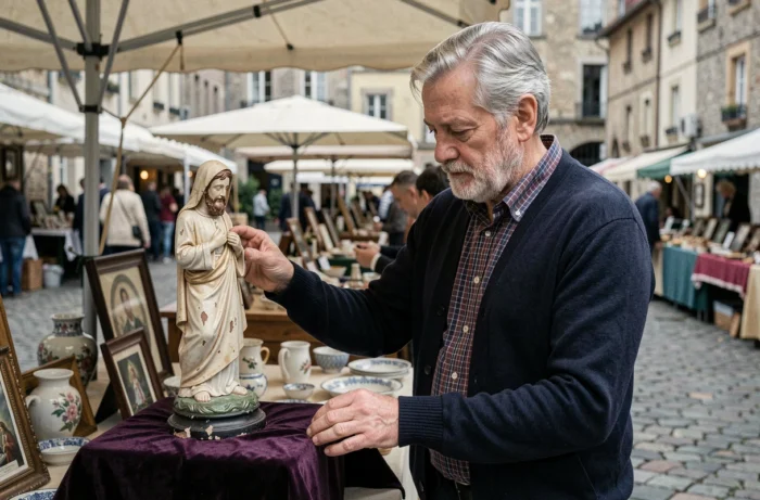 Collectionneur âgé positionnant une statue de saint François d'Assise sur un stand lors d'une foire aux antiquités en plein air, passion hagietomamophilie
