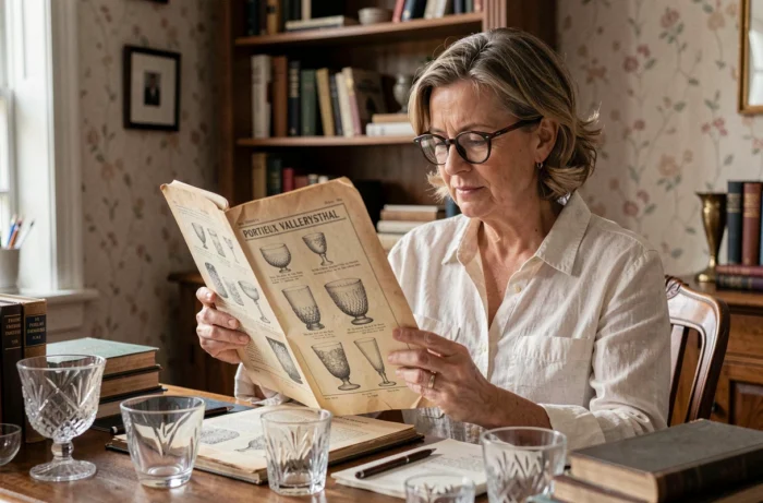 Collectionneuse passionnée consultant un catalogue ancien Portieux Vallerysthal à son bureau avec des pièces de verre antiques autour d'elle