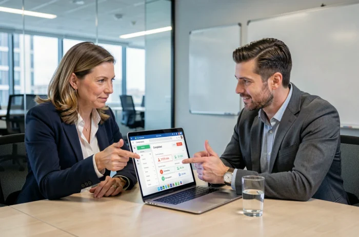 Deux collègues en entreprise consultant ensemble une application de suivi de formation en ligne sur un ordinateur portable