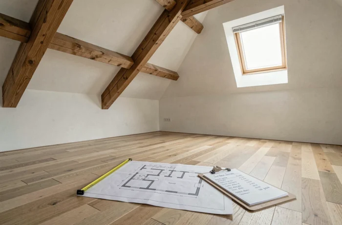 Combles aménagés avec plan architectural et calcul de superficie pour déclaration fiscale