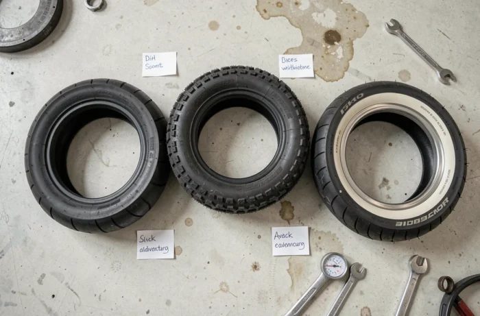 Comparaison de trois types de pneus moto custom avec différentes sculptures de bande de roulement sur sol de garage