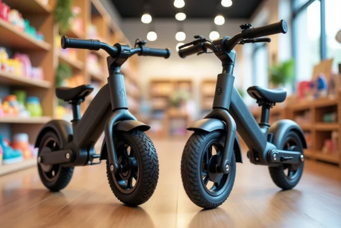 Comparatif de deux draisiennes électriques pour enfants posées côte à côte dans un magasin spécialisé