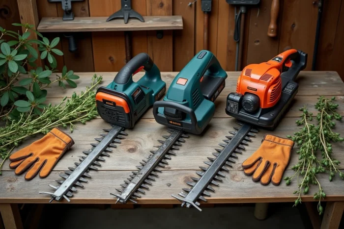 Comparatif de trois modèles de taille-haie posés sur un établi en bois avec des branchages de thuyas
