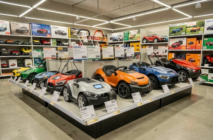 Comparatif de modèles de robots tondeuses exposés en rayon dans un magasin de jardinage avec étiquettes de prix