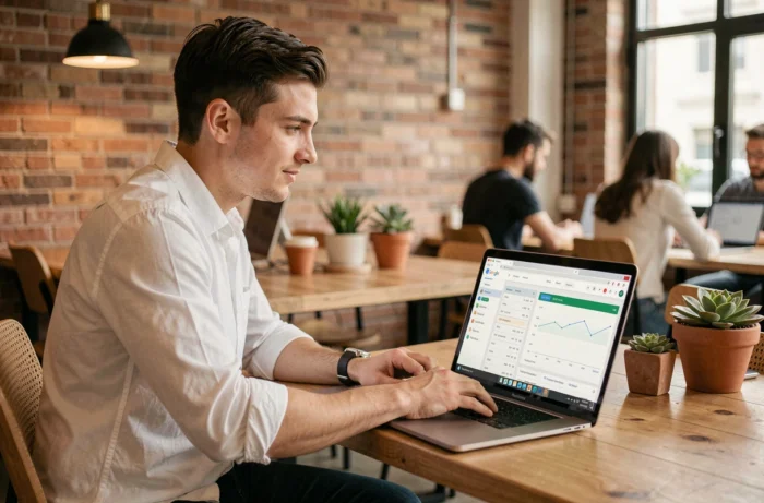 Consultant SEA indépendant travaillant sur des campagnes Google Ads dans un espace de coworking à Rennes