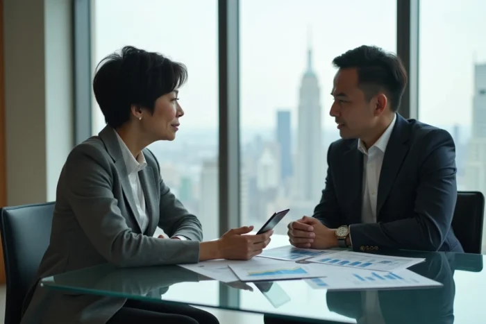 Une femme consulte un conseiller financier dans un bureau moderne pour investir en bourse sereinement