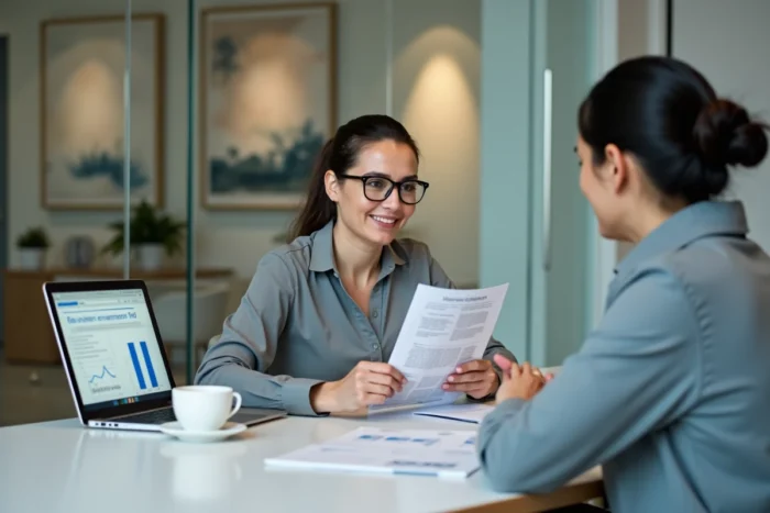 Femme consultant un conseiller financier pour investir dans des SCPI fiscales lors d'une réunion professionnelle