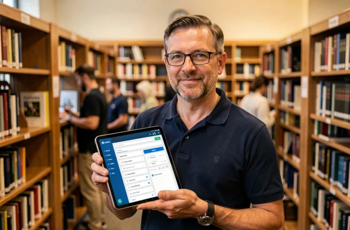 Homme consultant la structure du portail Plein Emploi sur une tablette dans une bibliothèque publique