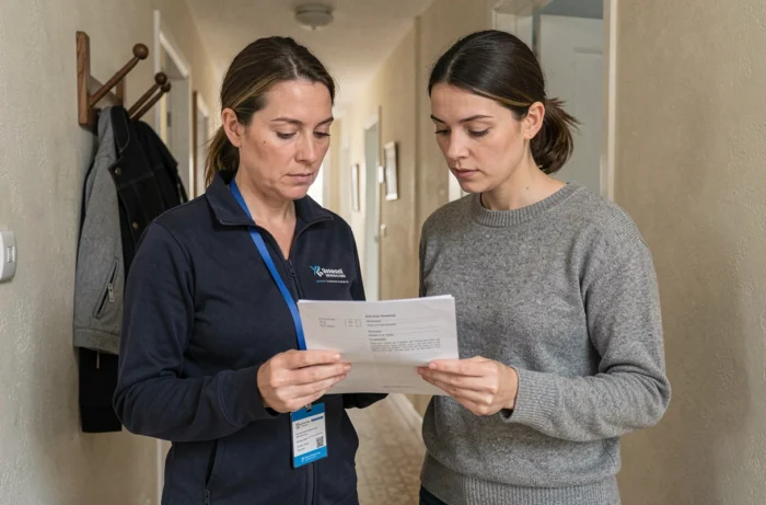 Auxiliaire de vie ADMR et membre de la famille examinant un contrat de service d'aide à domicile dans un couloir d'appartement