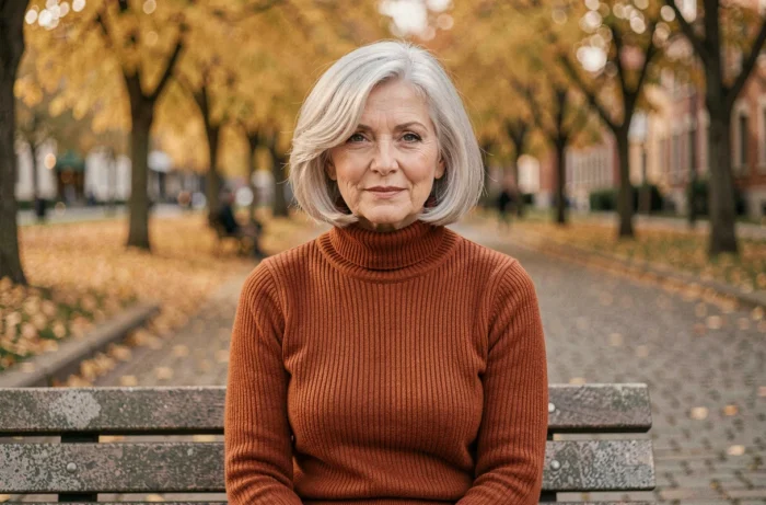 Femme élégante avec une coupe au carré blanche et argentée dans un parc automnal, coiffure tendance 2026