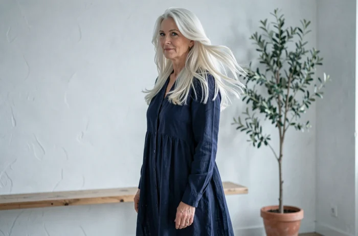 Femme mature aux longs cheveux blancs en couches dans un intérieur scandinave minimaliste, idée coiffure 2026