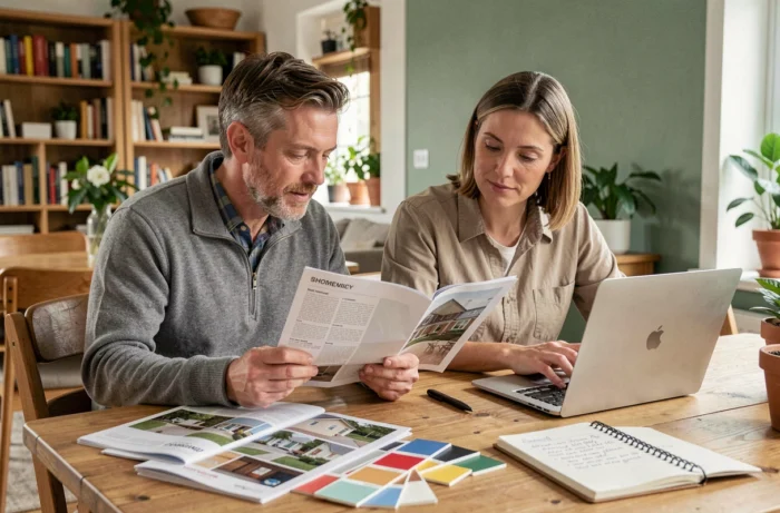 Couple consultant des catalogues de décoration et un ordinateur portable pour améliorer leur intérieur