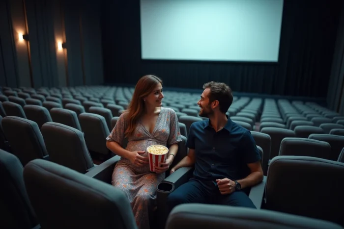 Couple dont la femme est enceinte installé dans une salle de cinéma vide, partageant du pop-corn avant le début du film
