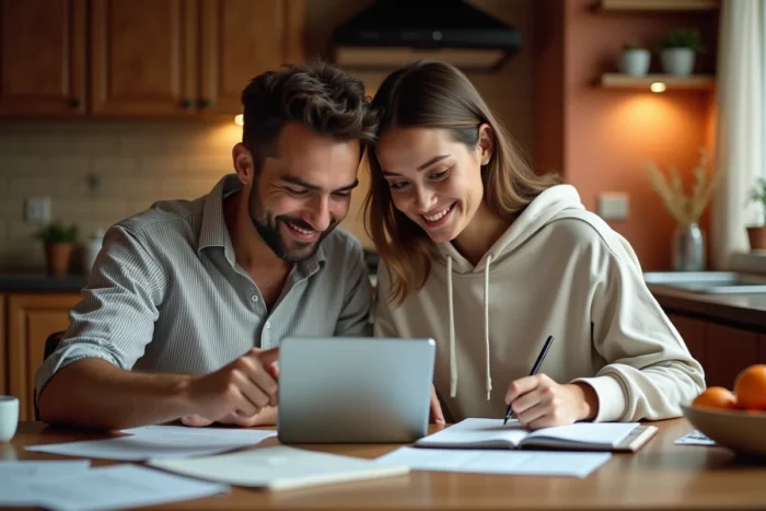 Couple gérant ensemble leur budget familial grâce aux services bancaires en ligne sur une tablette