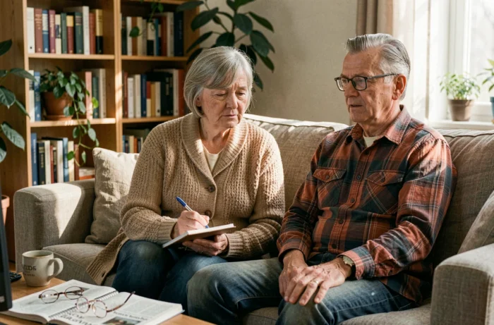 Couple belge senior regardant une émission médicale à la télévision chez eux