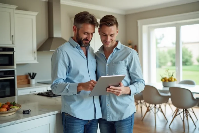 Couple étudiant un simulateur de prêt immobilier sur tablette dans une cuisine moderne