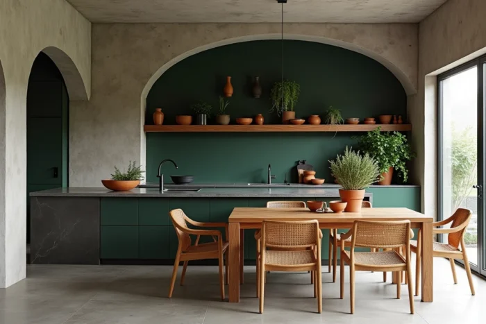 Cuisine ouverte style industriel organique avec îlot en pierre, table en bois de manguier et alcôve en vert forêt décorée de céramiques