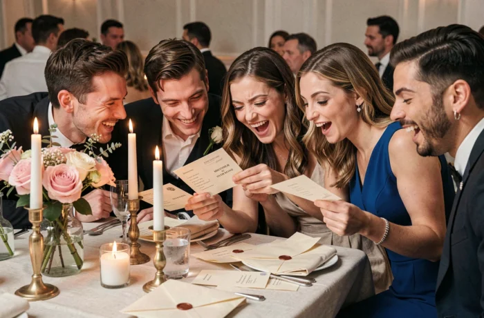 Invités complices découvrant leurs missions secrètes sur des cartes lors des défis de table d'un mariage festif