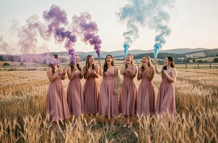 Demoiselles d'honneur avec fumigènes violets et bleus dans un champ de blé lors d'un mariage en plein air