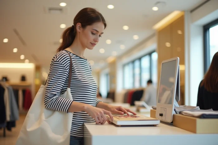 Une cliente dépose un article au bureau des retours et échanges d'un grand magasin parisien