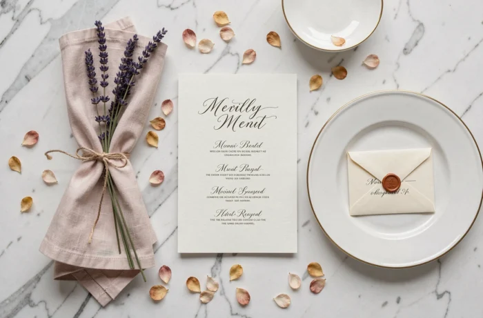 Détails de décoration de table de mariage avec menu manuscrit, porcelaine dorée et fleurs séchées sur marbre