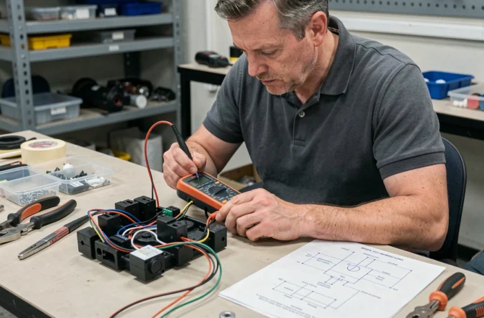Technicien testant les composants électriques et le câblage d'un système de fermeture centralisée sur un établi d'atelier