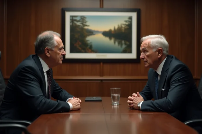Deux hommes en costumes sombres discutant discrètement autour d'une table de réunion, illustrant la délicatesse des échanges autour de la santé d'une personnalité publique