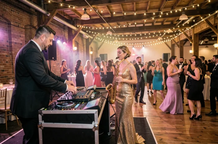 DJ et saxophoniste live en robe dorée animant la piste de danse lors d'une soirée de mariage
