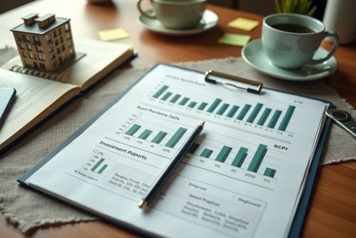 Vue de dessus d'un bureau avec des documents de placement SCPI, des graphiques financiers et une maquette immobilière