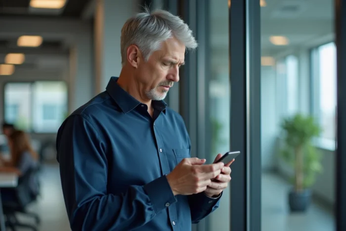 Employé consultant son espace personnel MyPeopleDoc sur mobile au bureau