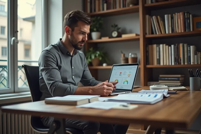 Entrepreneur consultant analysant des ressources et données business depuis son bureau à domicile