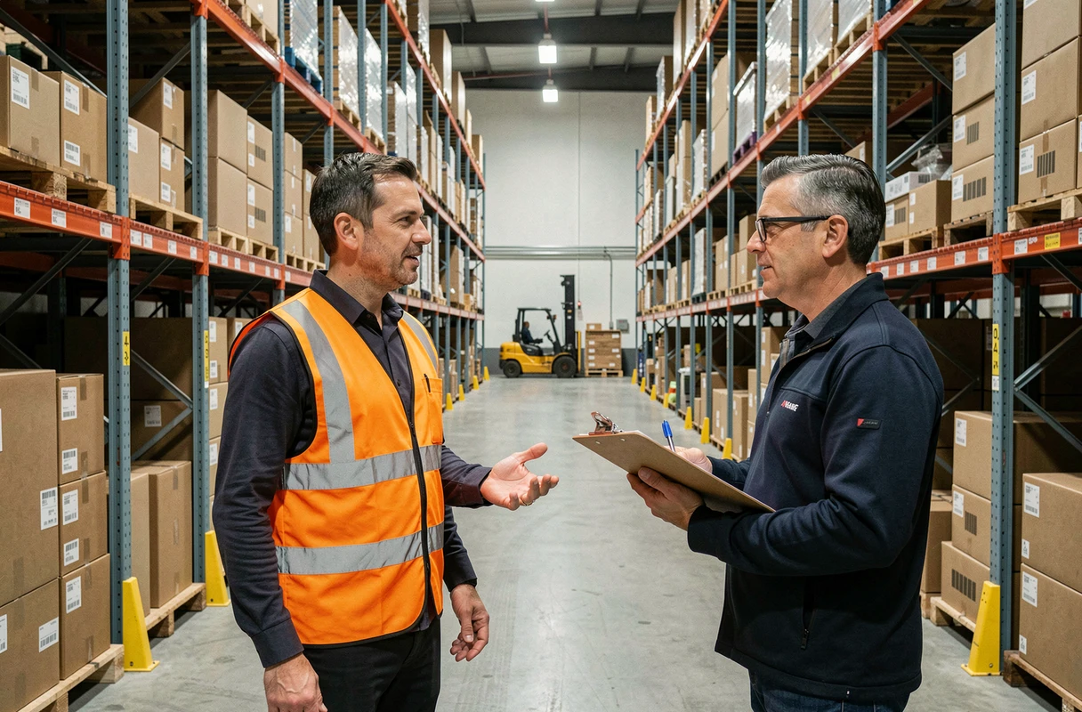 Préparateur de commande en entretien opérationnel sur le terrain dans un entrepôt Amazon avec un responsable logistique