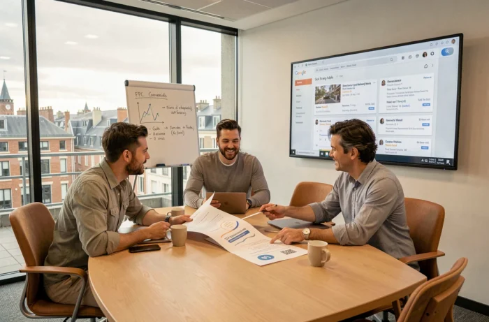 Équipe d'une agence SEA à Rennes collaborant sur une stratégie de référencement payant en réunion