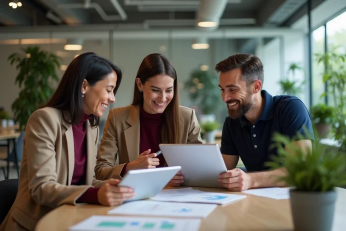 Équipe d'entrepreneurs collaborant autour de ressources business pour accélérer la croissance de leur startup
